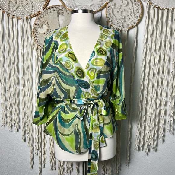 LaRok Y2K Teal and Green Silk Wrap Blouse with Kimono Sleeve Size Small - Picture 1 of 8